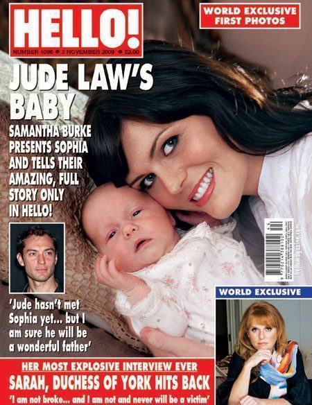 Capa da revista Hello, com Samantha e a suposta filha do ator Jude Law