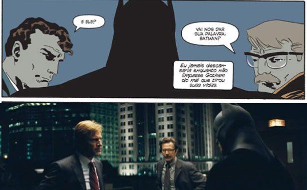 Cena da HQ em que Dent, Batman e Gordon conversam no topo da delegacia; abaixo, cena semelhante reproduzida no filme 'O Cavaleiro das Trevas'