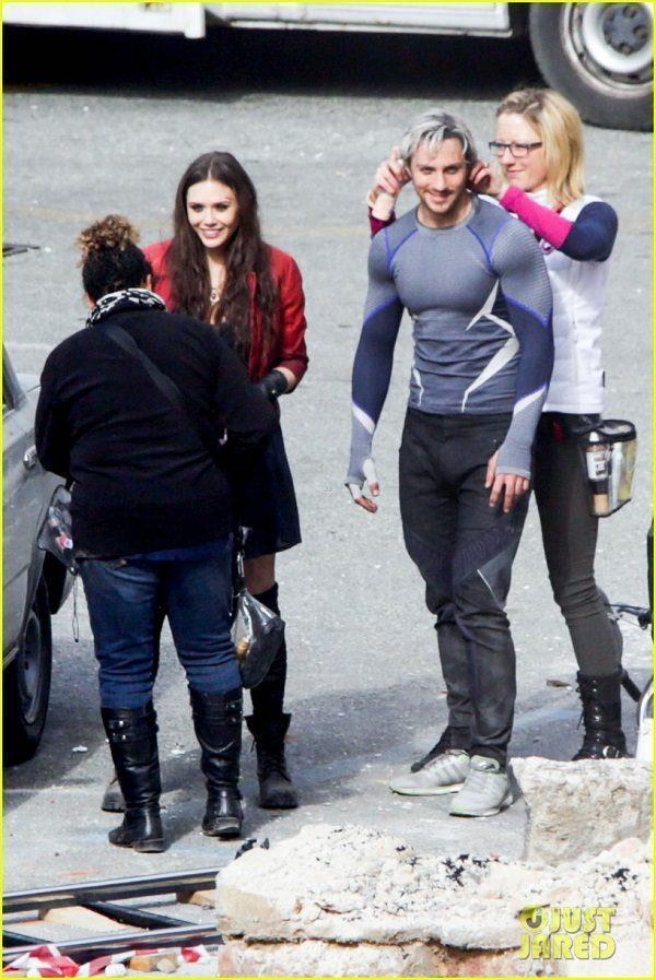 Aaron Taylor-Johnson and Elizabeth Olsen take a break on the set of 'The Avengers 2' **USA ONLY**