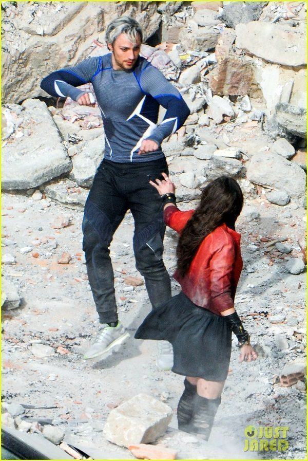 Aaron Taylor-Johnson and Elizabeth Olsen take a break on the set of 'The Avengers 2' **USA ONLY**