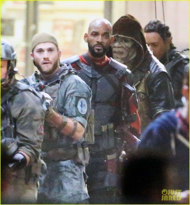 136672, Cast of Suicide Squad in full costume seen filming on the movie sets in Toronto. Will Smith as Deadshot, Margot Robbie as Harley Quinn, Jay Hernandez as El Diablo, Adam Beach, Adewale Akinnuoye-Agbaje as Killer Croc, Jai Courtney as Captain Boomerang, and Karen Fukuhara as Plastique. Will Smith and his previous 'Focus' co-star, Margot Robbie were spotted interacting in between scenes. Toronto, Canada - Monday May 4, 2015. CANADA OUT Photograph: © PacificCoastNews. Los Angeles Office: +1 310.822.0419 sales@pacificcoastnews.com FEE MUST BE AGREED PRIOR TO USAGE