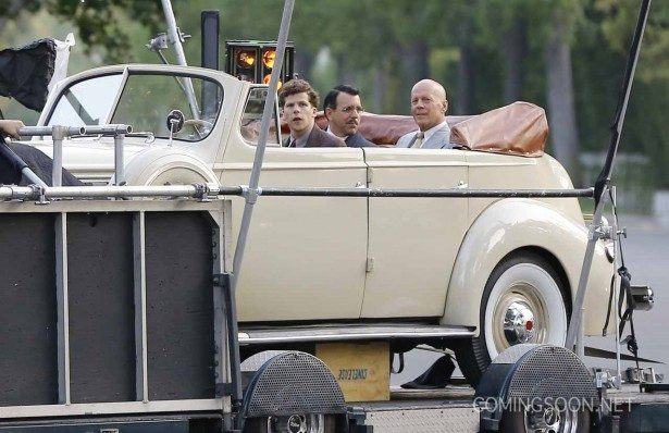 Exclusive... 51830161 Actors Jesse Eisenberg and Bruce Willis are spotted filming scenes in a classic car for an Untitled Woody Allen Project in Beverly Hills, California on August 21, 2015. This is the first time Allen has filmed a movie in Los Angeles since 1977's 'Annie Hall.' FameFlynet, Inc - Beverly Hills, CA, USA - +1 (818) 307-4813