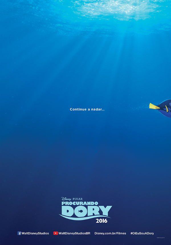 Cartaz da sequência de Procurando Nemo diz: “Continue a nadar…”